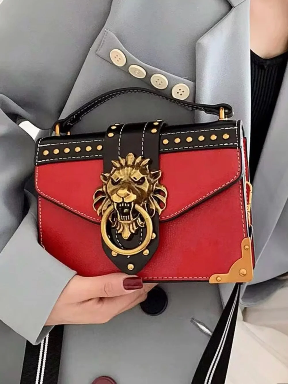 Red & Black Lion-Accent Top Handle Shoulder Bag